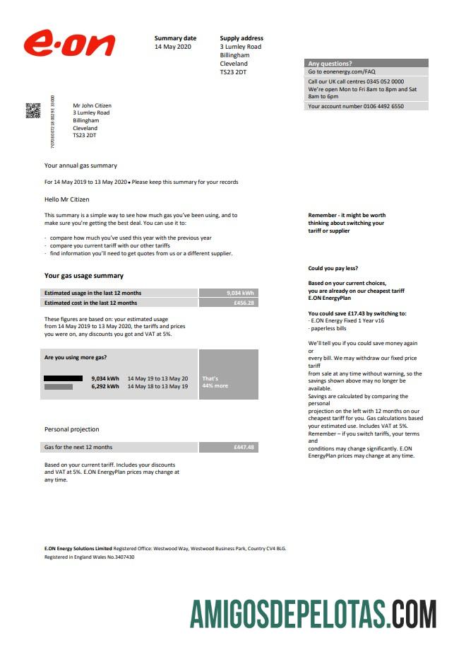imprimível Modelo de conta de serviços públicos E.ON do Reino Unido em formato Word e PDF, versão 2